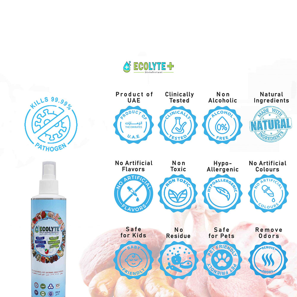 Ecolyte Meat & Seafood Disinfectant 250ml Pack of 32 Pcs I 100% Natural Action, Removes Pesticides & 99.9% Germs With Pure Electrolyzed Water, Safe to Use on Meat & Seafood, Nontoxic and Nonalcoholic.